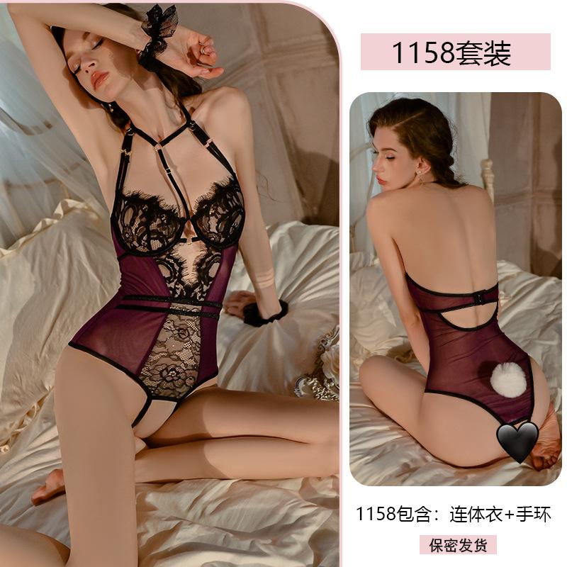 Sexy Pure Lust Sexy Lace Seduction Onesie Women's Steel Ring Gathers Open Crotch Perspective Pajamas 1158