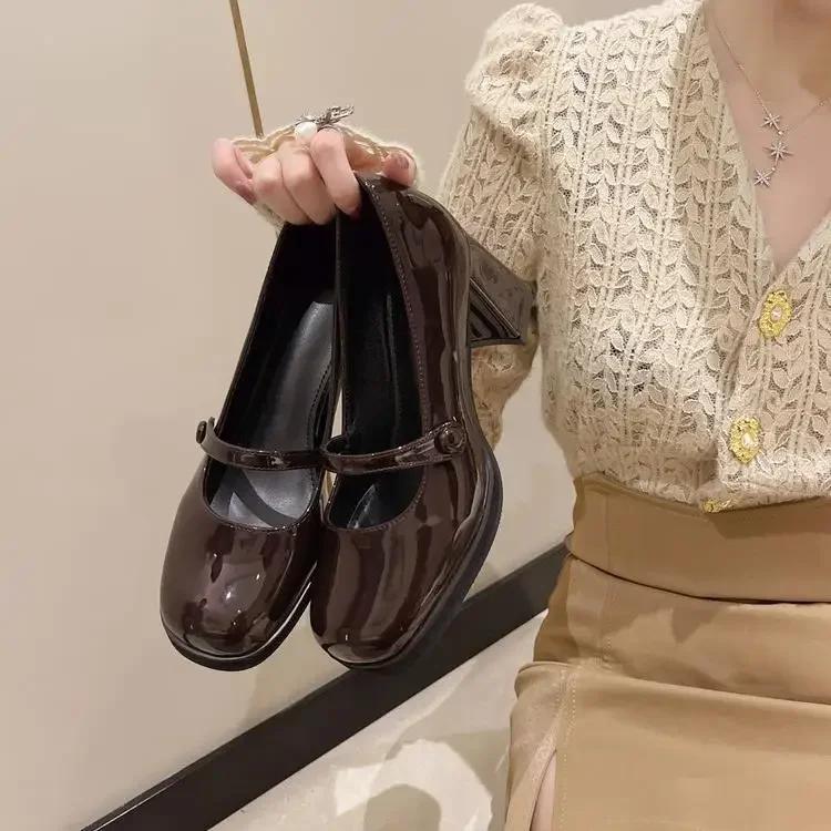 Summer New Patent Leather Brown Shoes Vintage Thick High Heels Shoes Women Woman Square Toe Chunky Heels 2025 Black