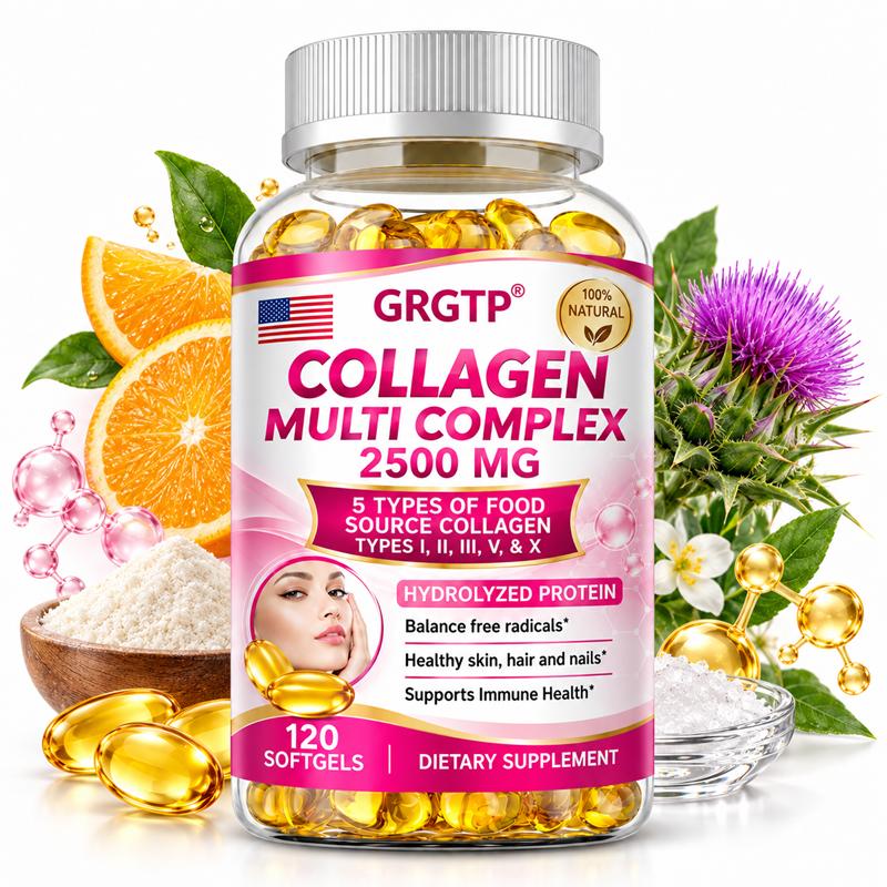 Multi-type collagen dietary supplement; contains collagen types I, II, III, V, and X; 2500mg content; suitable for adults.