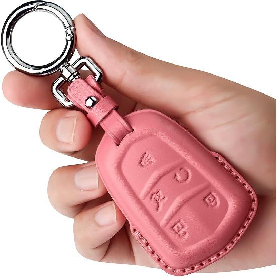 Tukellen for Cadillac Leather Key Fob Cover with Keychain Leather Key Case Key Shell 360 Degree Full Protection Compatible with Cadillac Escalade CTS