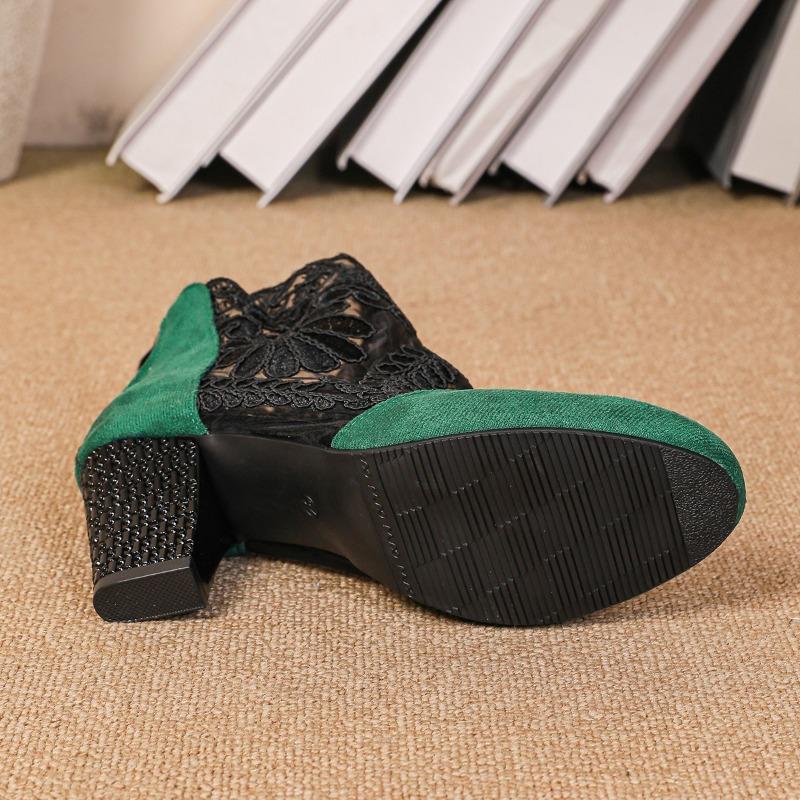 Mode Spitze und Mesh Absatz Kühlstiefel Damen Übergröße Mode Runde Zehenpartie Paneled Reißverschluss hinten Blockabsatz Römische Sandalen