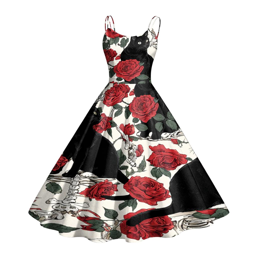 Women's Casual Halloween Print Round Neck Sleeveless Dress for Holiday Party