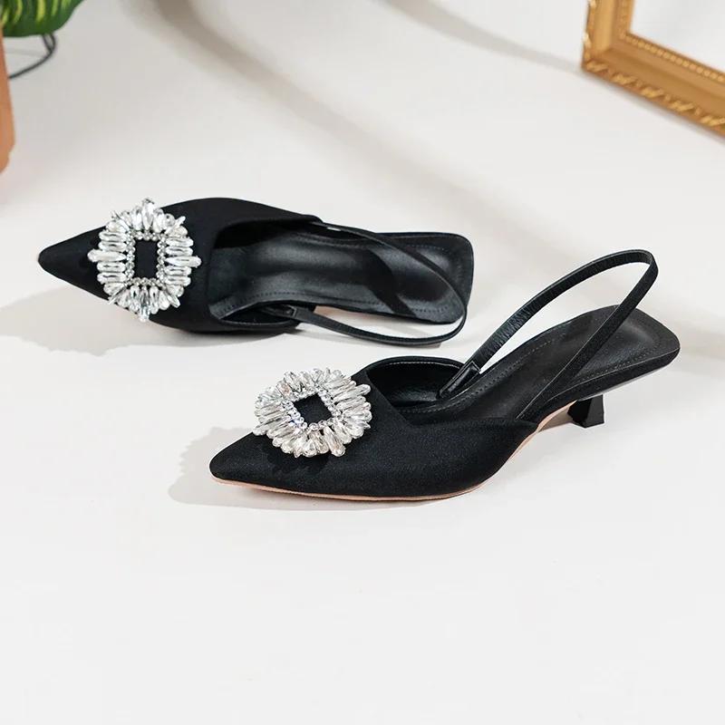 Fashion Fashion Women Shoes 2024 French Tip Baotou Sandals  Fairy Style Gentle Water Diamond Pointed Back Strap Thin Heel Shoes