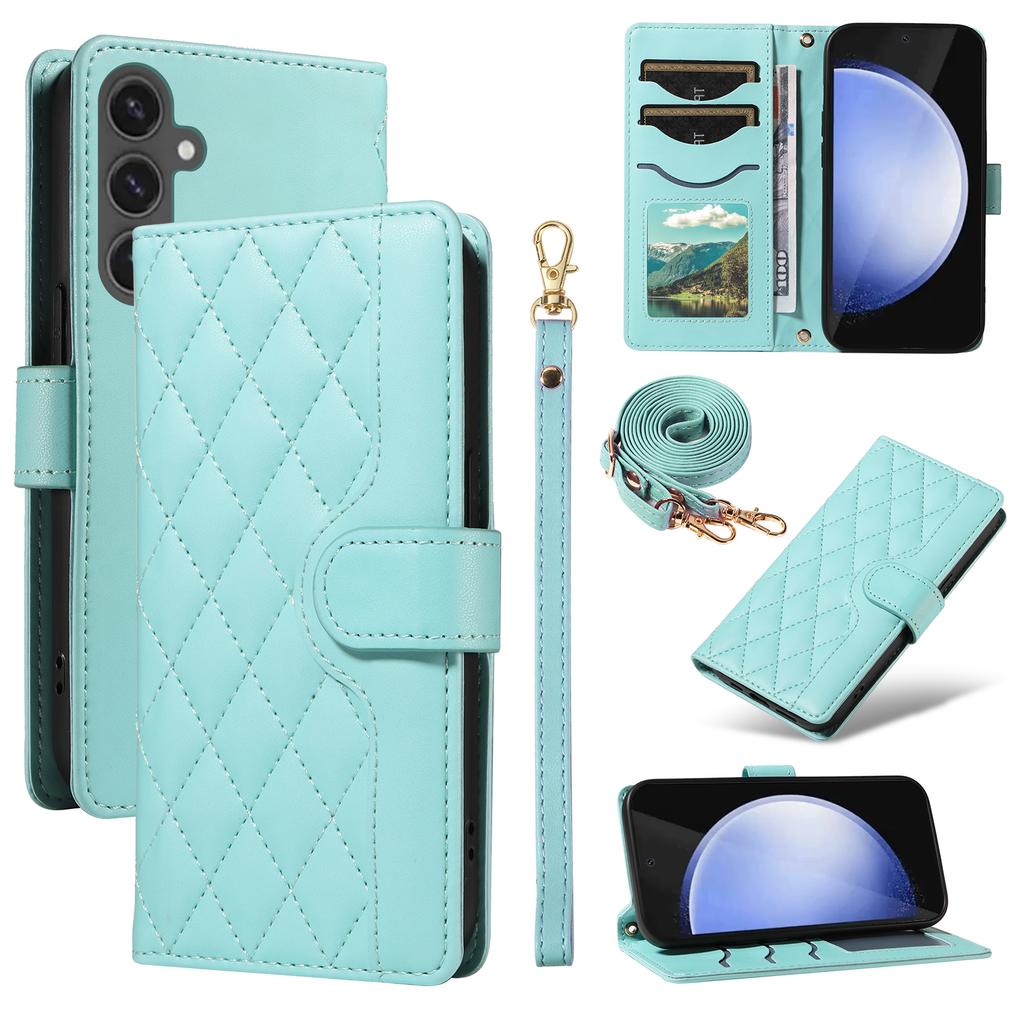 For Samsung Galaxy S24 FE Case Wallet Rhombus Leather Phone Cover with Shoulder Strap,Wrist Strap