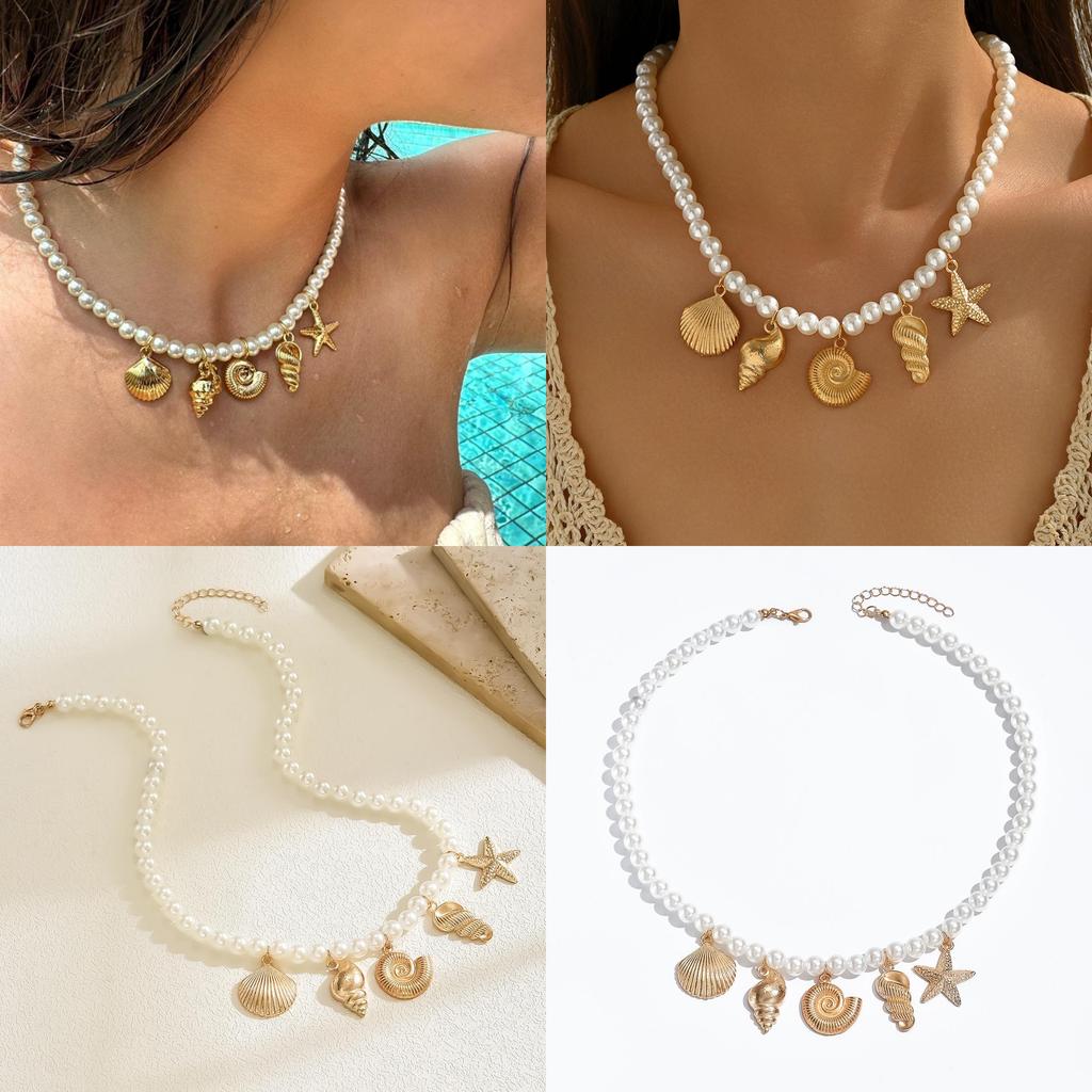 Oceanic Shell Starfish Pendant Necklace With Pearl Accents For Women