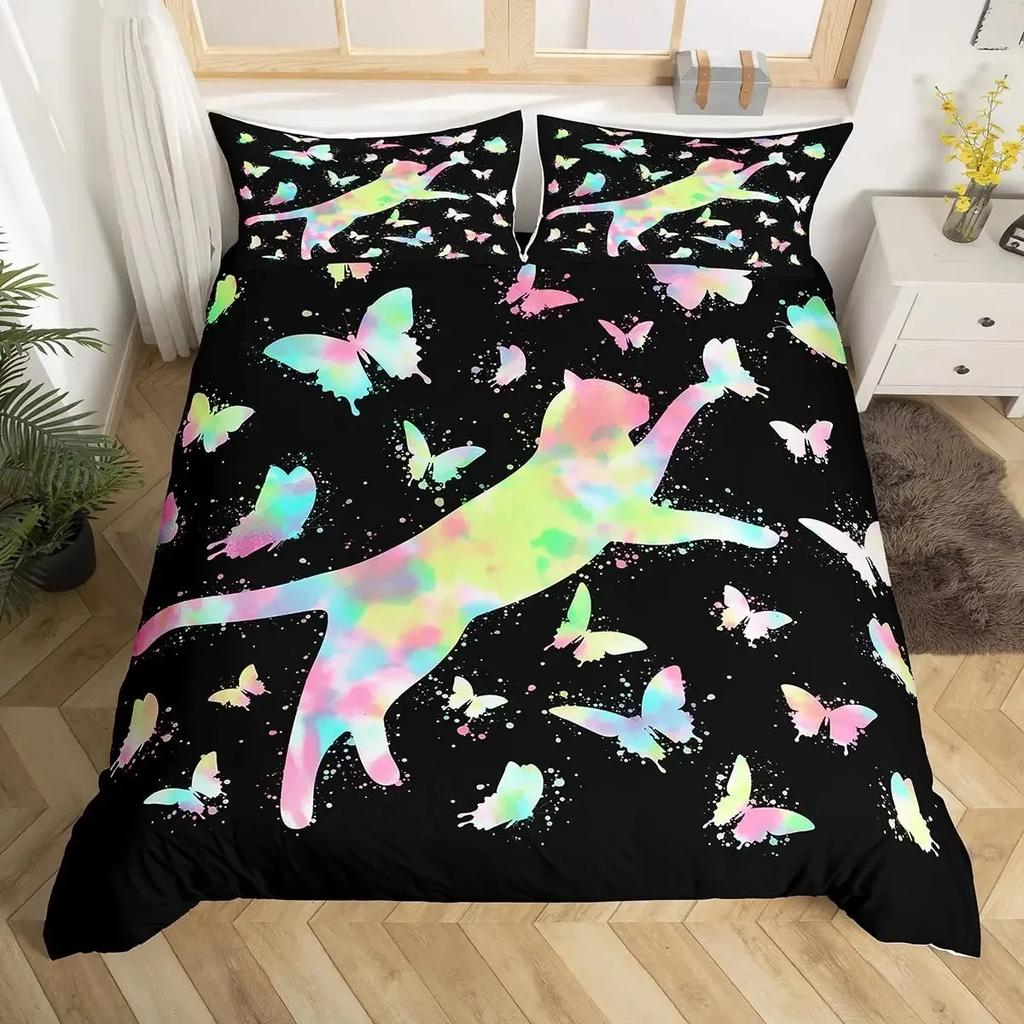 Juego de Funda Nórdica de Gato Colorido Tamaño Queen, Juegos de Ropa de Cama de Gato con Arte Abstracto, Juego de Funda de Edredón de Gato Lindo para Niñas Niños Funda de Colcha