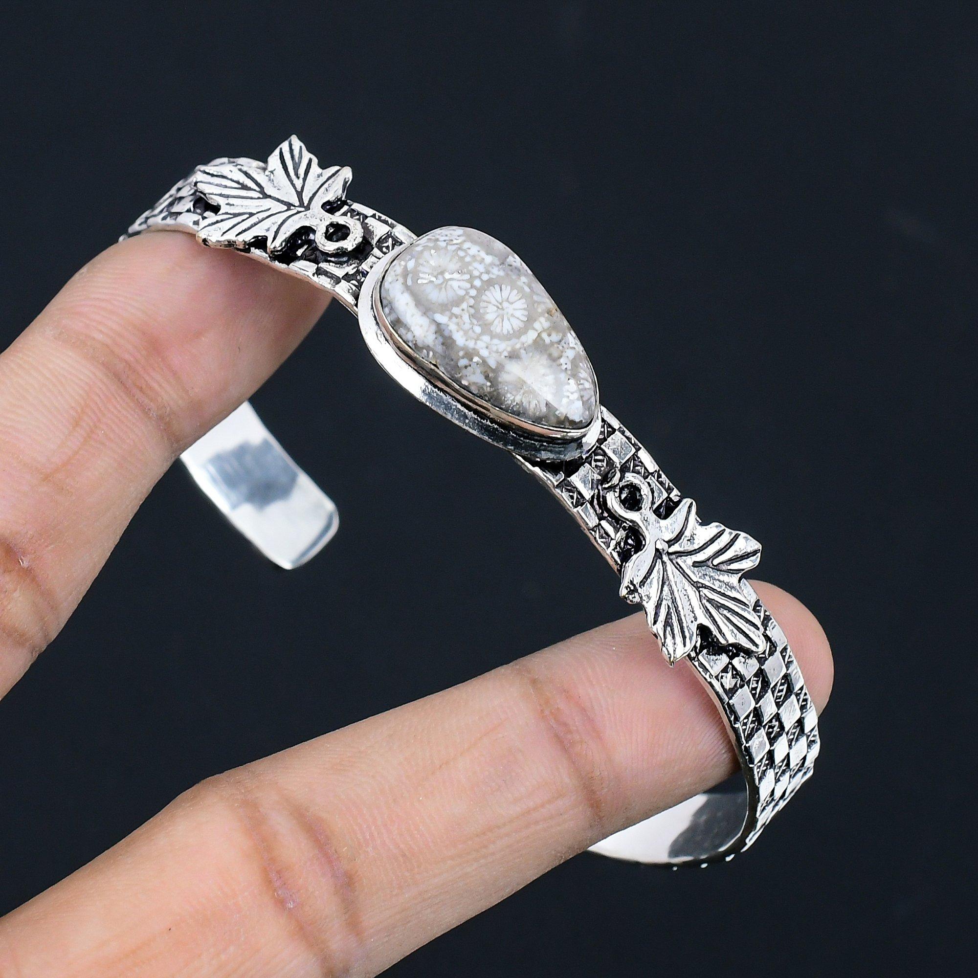 

Mothers day Sale Natural Fossil Coral Sister Bangle Jewelry 925 Sterling Silver Adjustable