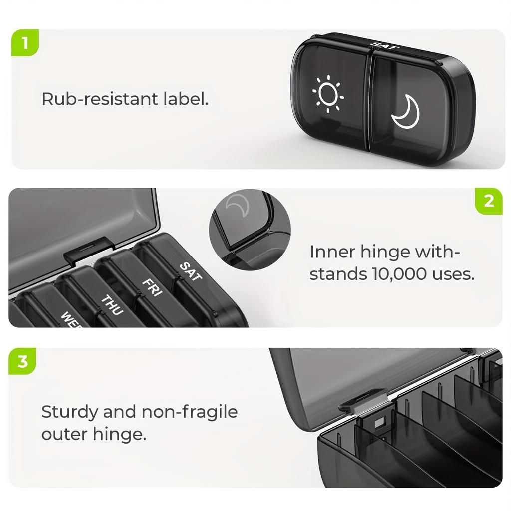 Weekly Pill Organizer 2 Times a Day, Pill Box 7 Day with One-Side Large Openings, Black Privacy Protection AM PM Pill Case