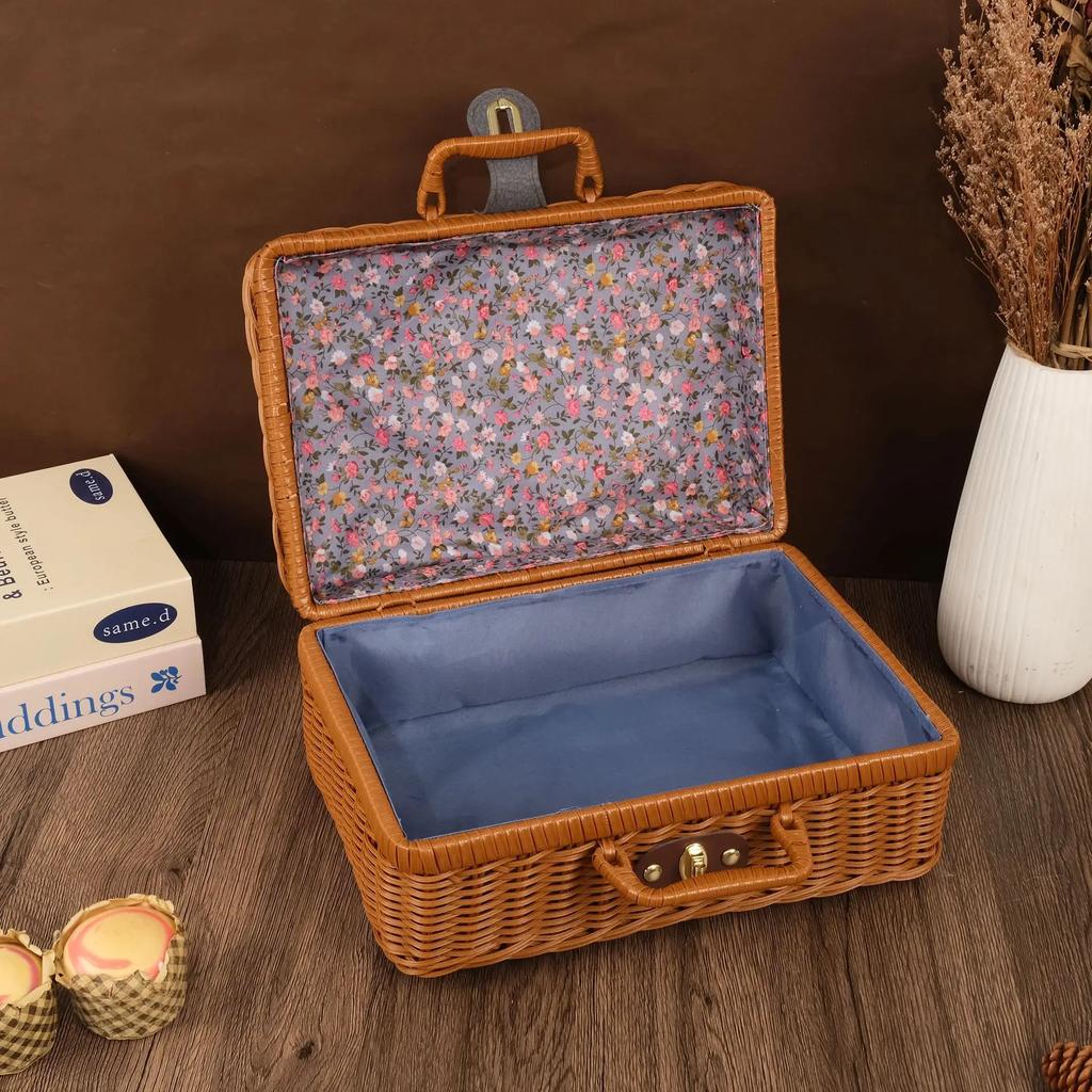 Handmade Wicker Suitcase Portable Dust-proof Round Picnic Basket Large Capacity Anti-impact Rattan Woven Luggage Box for Home