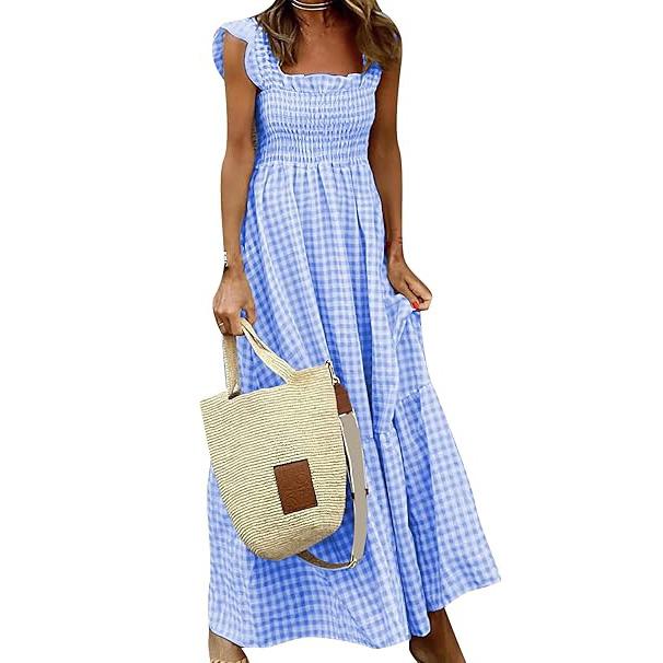 Women's Summer Retro Long Dress Spaghetti Strap Square Neck Plaid Maxi Dress Loose Big Swing Elegant Dress