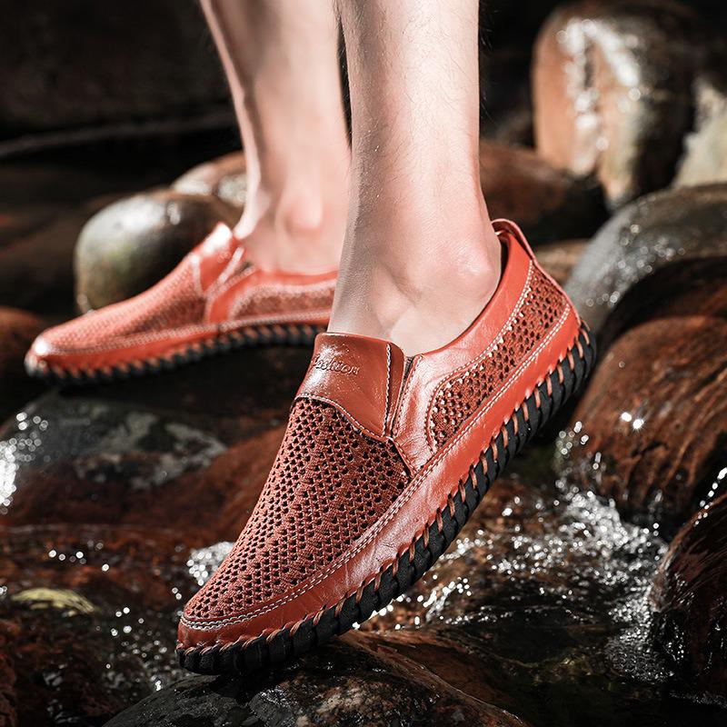 Men's Breathable Mesh Summer Sandals - Size 50, Soft Sole Slip-on Leather Shoes for Dad