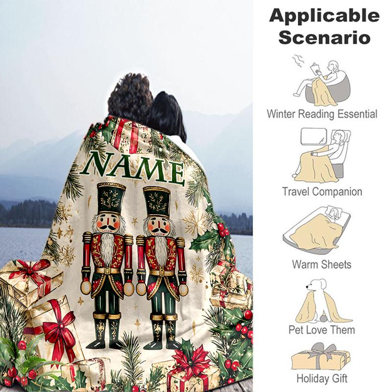 1PC Custom Name Christmas Nutcracker Guards outdooor Flannel blankets Throw Blanket All-Season Throw Gift Bedspread for Couch, Bed, Camping Holiday Bi