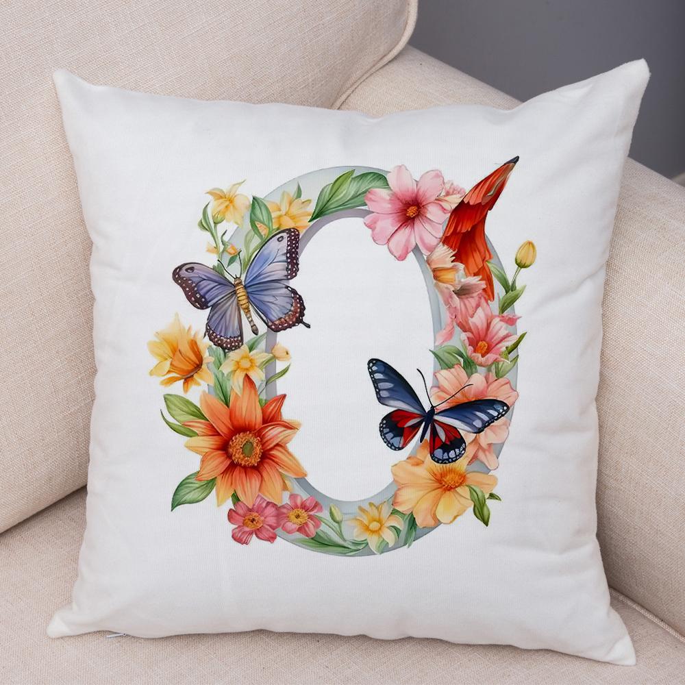 Floral Letter J Pillowcase Double Print Watercolor Letter U Cushion Cover Soft Plush Flower Letter D Pillowcase for Sofa Home