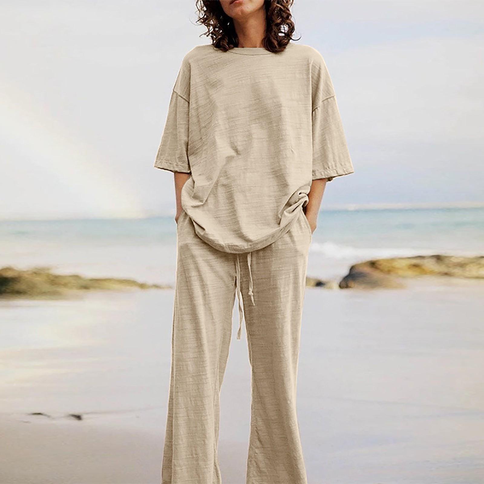 

Summer Cotton Linen 2 Piece Outfits For Women Loose Casual Short Sleeve T Shirts Top And Long Pants Tracksuit XXXXL хакі