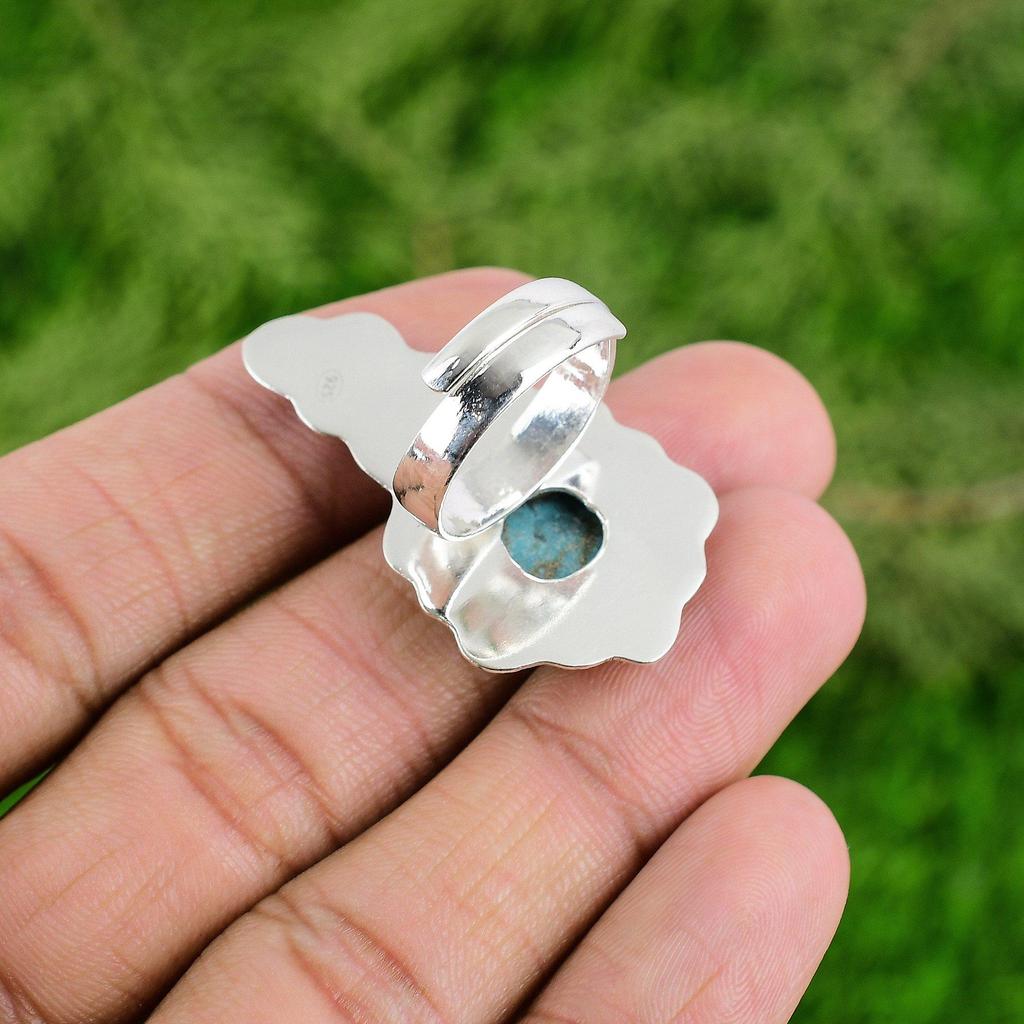 Natural Copper Arizona Turquoise 925 Silver Flower Adjustable Ring For Women