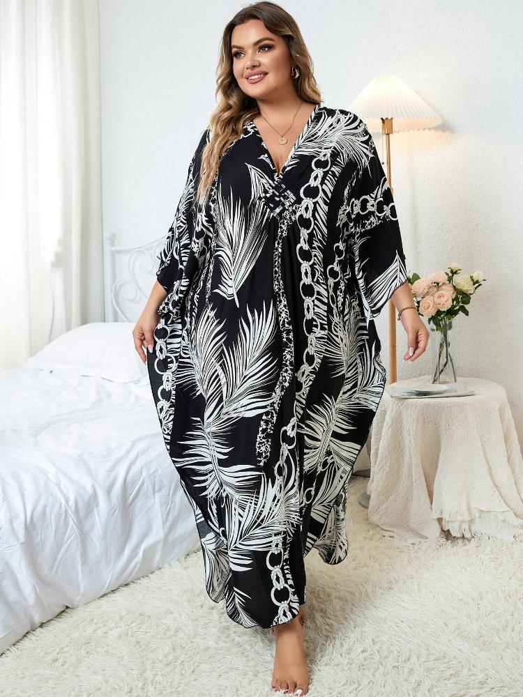 EDOLYNSA Black Kaftan Women's Hot Selling Long Dress Robe Chinese Knot Auspicious Knot V-neck Beach Wear Batwing Sleeve Homewear Q1297