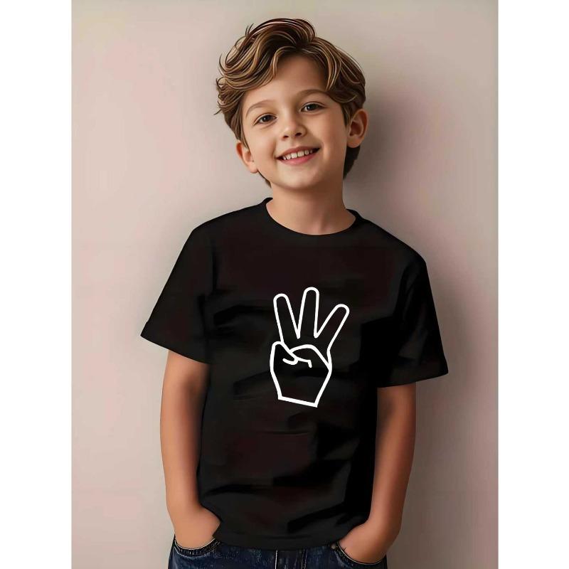 

European sizes Boys -Paper-Scissors Print Short Sleeve Tee - -Paper-Scissors Hand Sign Graphic, Casual Round Neck Summer T-Shirt 98cm чёрный