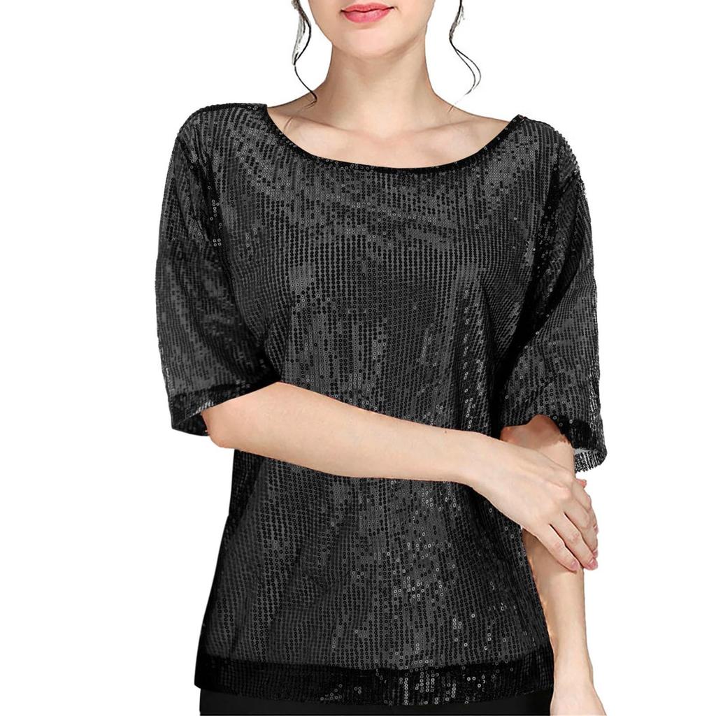 Women's Solid Color Sequined Round Neck Loose Casual Short Sleeve T-Shirt Top