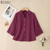 ZANZEA Women Turn Down Collar Loose 3/4 Sleeve Cotton Blouse