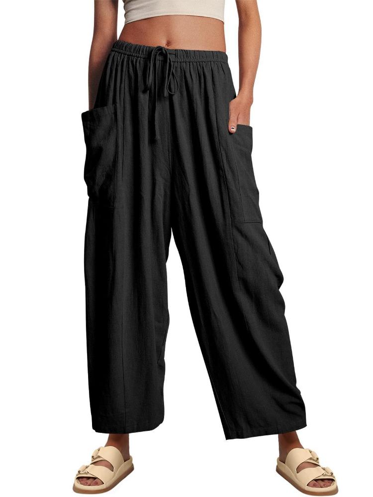 Elastic waisted pleated high waisted wide leg pants, loose casual cotton and linen pants