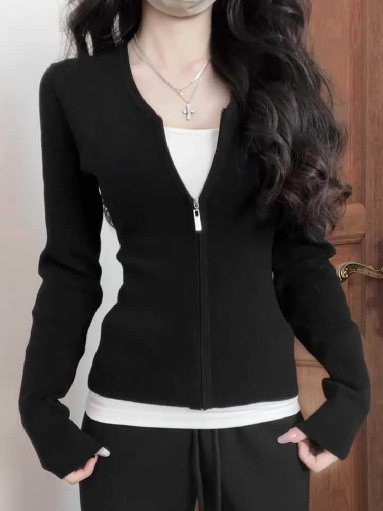 Korean Style Colorblock Two-Piece Zipper T-Shirt for Women - Slimming Spring/Autumn Top with Modern Design