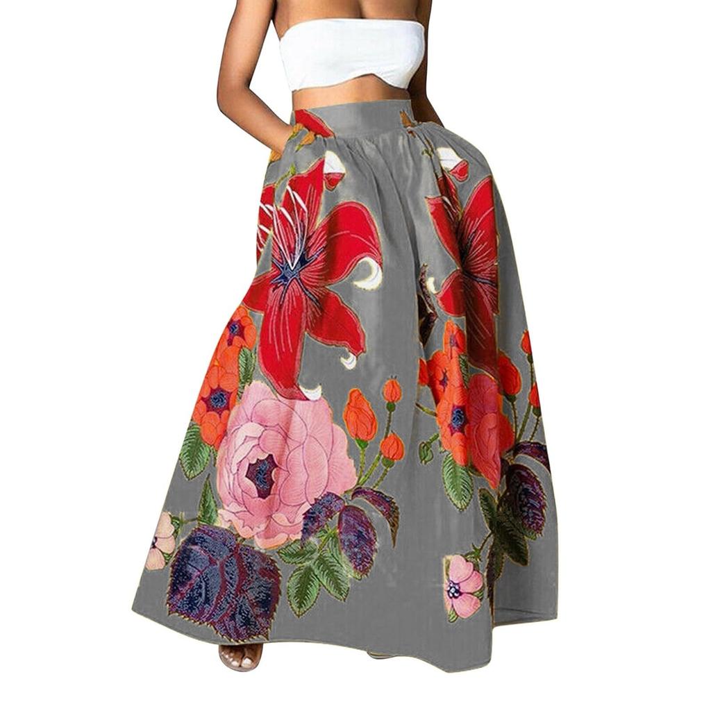 Women's Fashion Floral Print Loose Half Skirt High Waist Beach Extra Long Dress