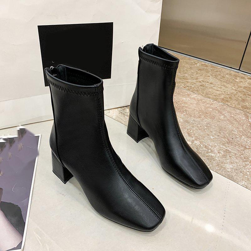 Dames Ensfarget Mote Høye Hæler med Glidelås bak Mote Støvletter Høye Støvletter Lærsko Midhøye Støvletter Damesko