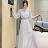 LYRIA New Women's Long Sleeve Belt Slim Long Dress High Quality Elegant Vintage Dots Pleated Big Hem Chiffon Dress