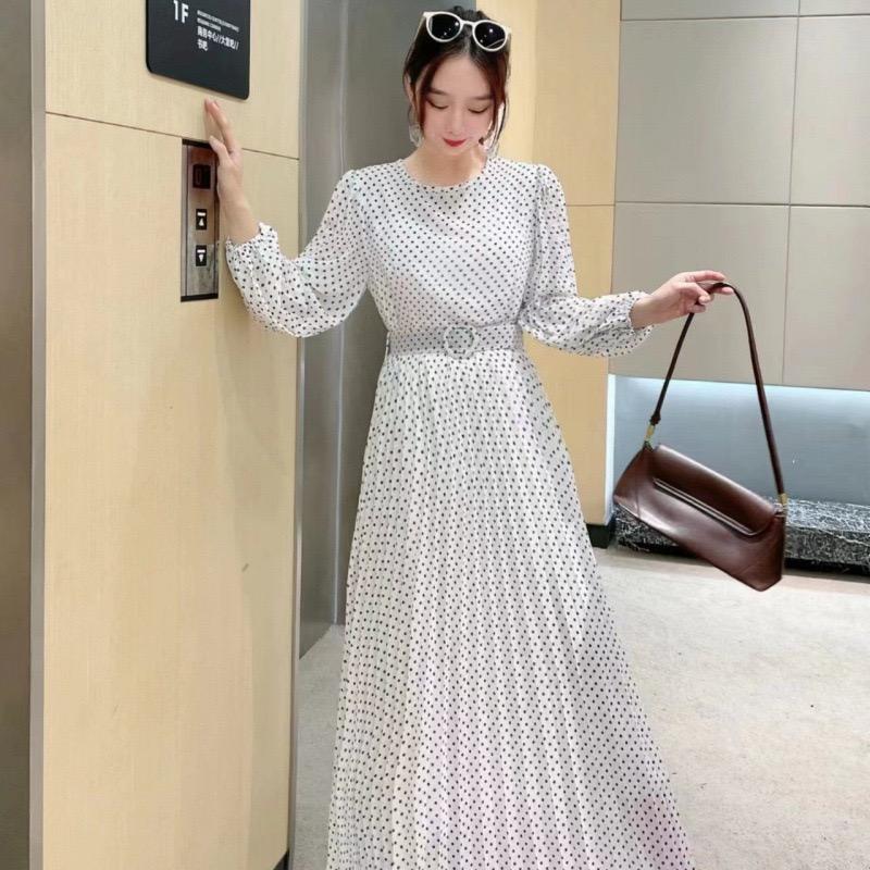 LYRIA New Women's Long Sleeve Belt Slim Long Dress High Quality Elegant Vintage Dots Pleated Big Hem Chiffon Dress