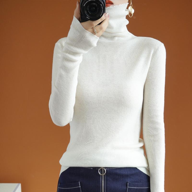 Women's Slim Fit High Neck Wool Sweater - Knitted, Autumn/Winter Collection
