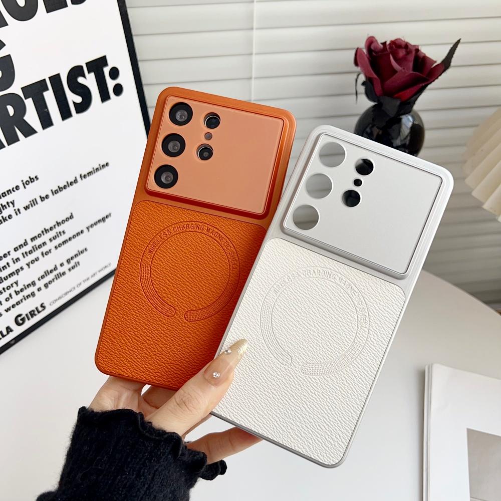 Luxury Premium Leather for Magsafe Cases For Samsung Galaxy S26 Ultra S25 Edge S24 FE Plus Large Camera Window Shockproof Cover