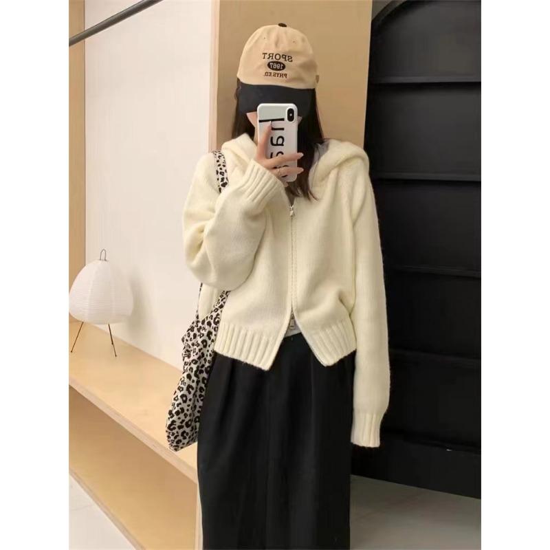 

Новый вязаный кардиган с капюшоном однотонный женский повседневный короткий на двойной молнии с длинным рукавом кардиган топ женский One size бежевый