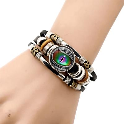 Dragon Eye Glass Snap Button Men's Bracelet Evil Eye Charm Handmade Multilayer Beaded Leather Adjustable Bracelet