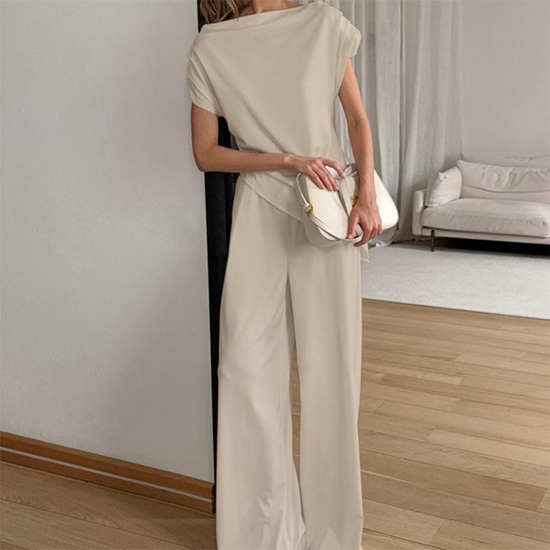 

Женский комплект топ с открытыми плечами из молочного шелка и брюки однотонный с отделкой рюшами с нерегулярным воротником женский летний комплект повседневная одежда L хаки