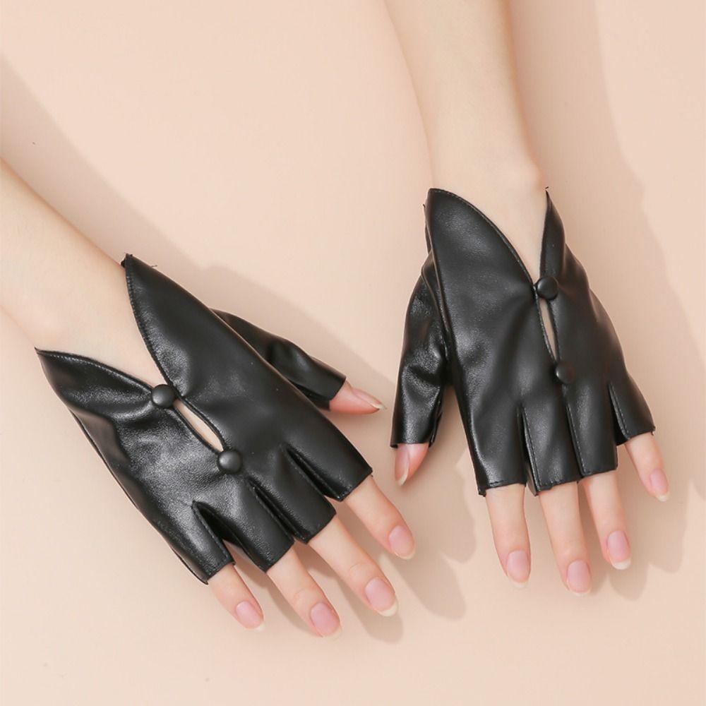 PU Leather Half Finger Gloves Button Hole Leather Gloves Stylish Women Leather Gloves  Performance