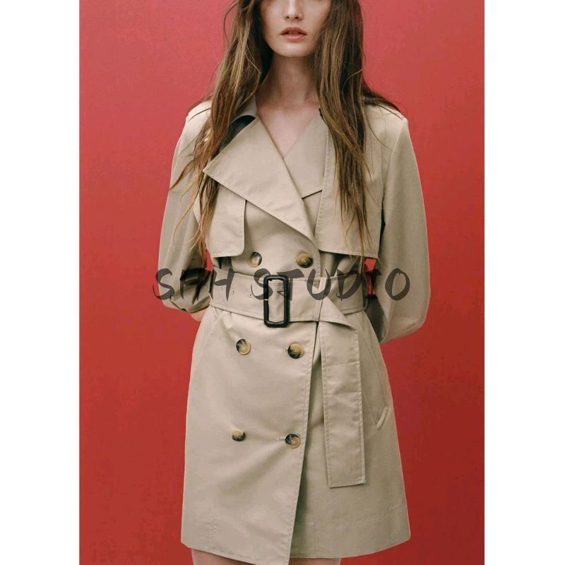 Fall New Women's Clothing French Simplicity Lapel Long Sleeves Double Breasted with Belt Trench Coat Outwear 0518246
