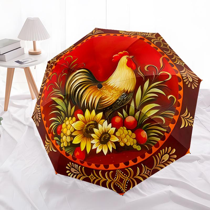 Rooster Theme Design Folding Umbrella-Fashionable Auto-Open Design 8 Iron Ribs Plastic Handle Foldable Sunshade,Perfect Gifts