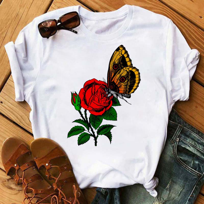 Women Flower Butterfly Fashion Print T Shirt Casual Short Sleeve Ladies T Tee Female Top Shirt Clothes Womens Graphic T-shirt