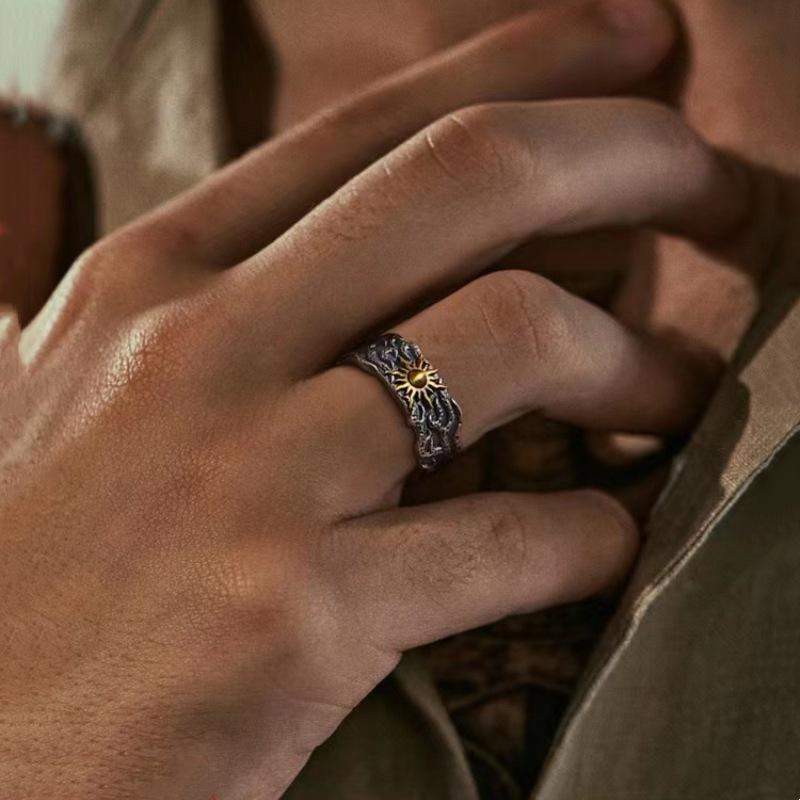 Retro Goldener Sonne Ring für Männer Silberfarben Punk Gothic Trendiger offener Ring Handgefertigter Designerschmuck Unisex-Accessoires Geschenk für Verliebte