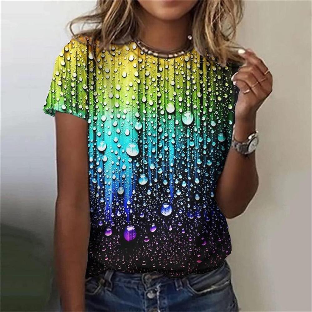 Women Clothing Harajuku Leisure Loose Breathable Short Sleeve Summer Personality Gradient Water Drops 3d Print