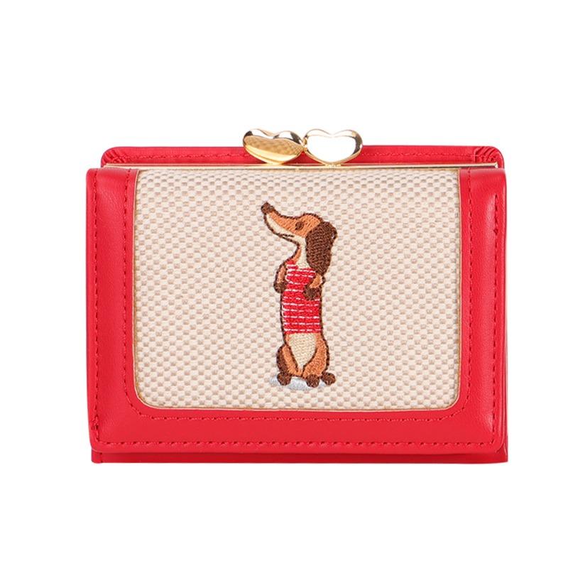 New Pu Leather Change Bag Women's Fabric Art Literary Card Bag Small and Portable Cartoon Cute Canvas Embroidered Wallet Women