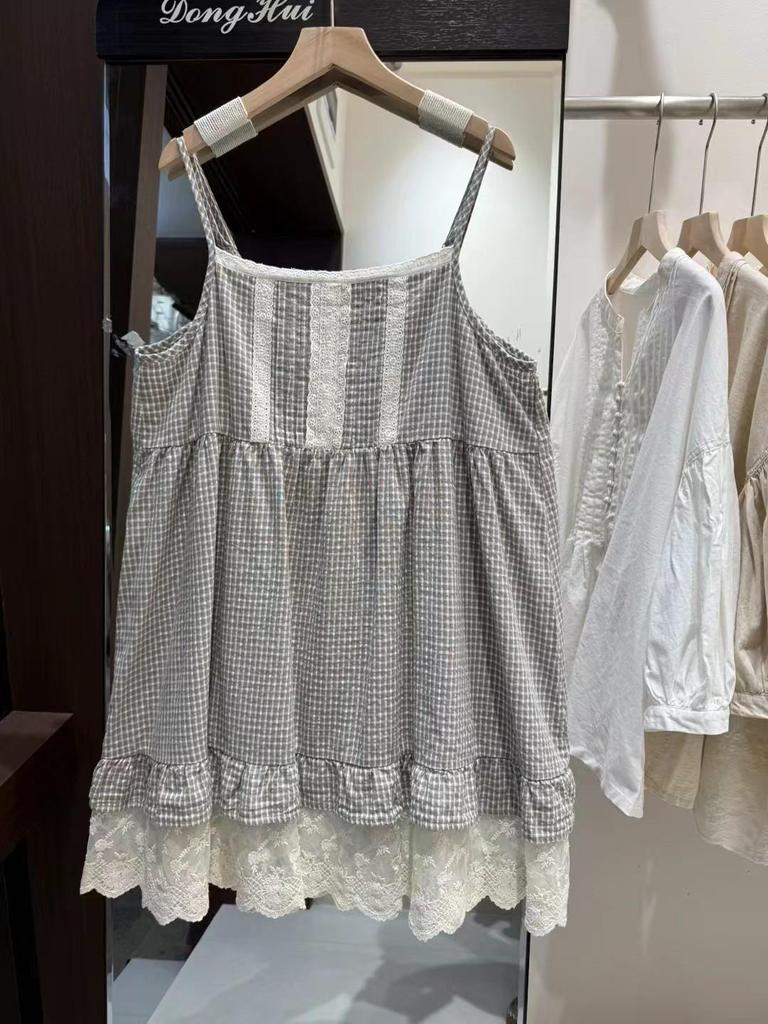 Dam Mori Girl-stil Konstnärlig Rutig Spets Camisole - Söt, Lös Passform, Liten Storlek