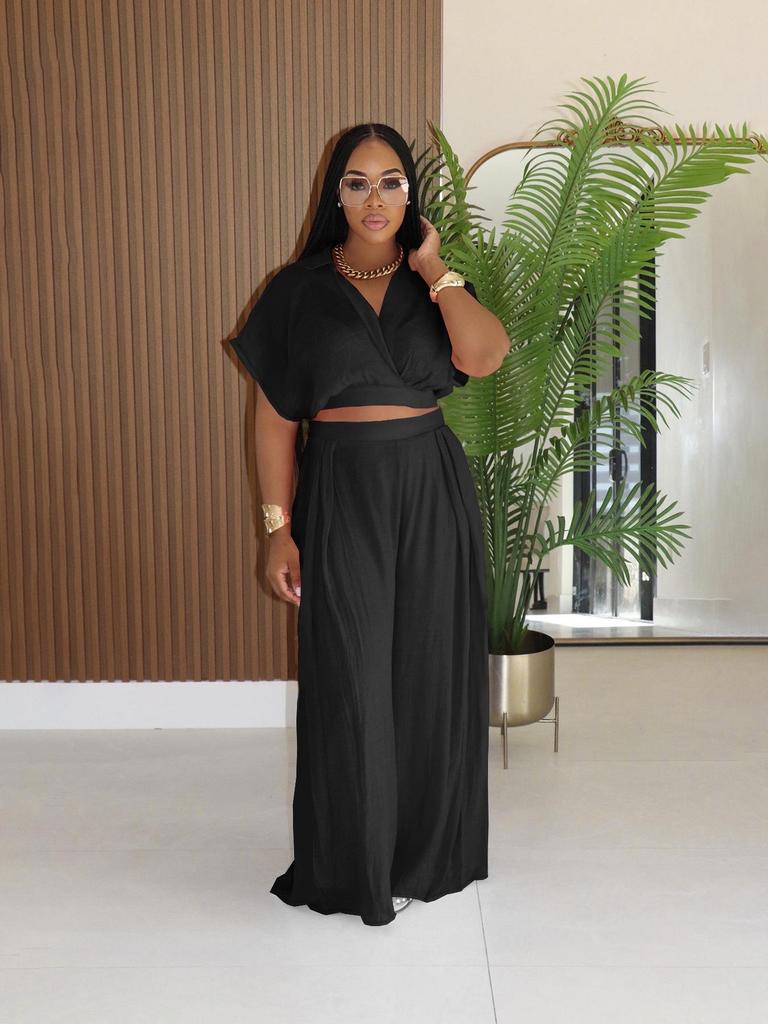 TW716 Trendiges Europäisches & Amerikanisches Plus-Size Lässiges Urlaubs-Revers-Oberteil & High-Waist Weitbeinige Hosen Set