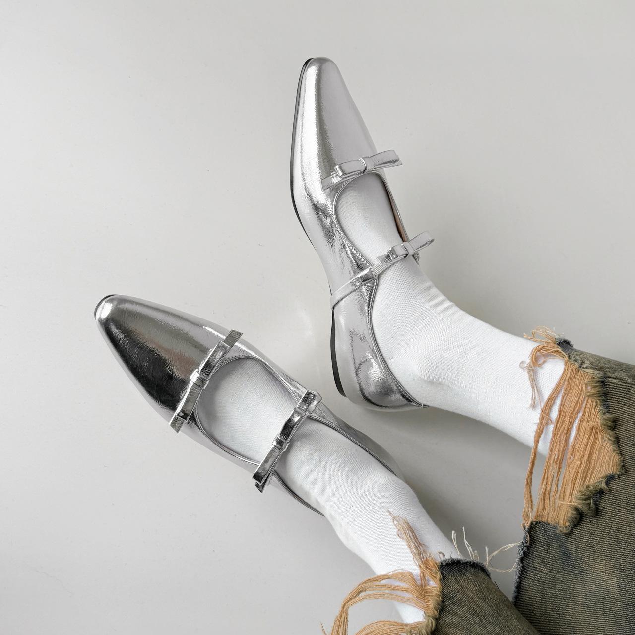 

Fashion Fashion Bow Mary Jane Shoes for Women thick heels round Toe Soft Sole Single Shoes Woman silver soft leather Flats Plus Size 42 42