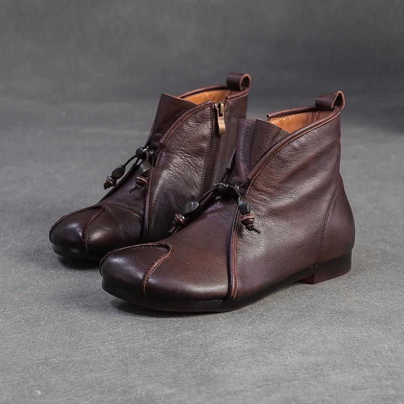 

Johnature Genuine Leather Round Toe Ankle Boots Comfortable Flat Retro Side Zipper Women s Boots 38 кавовий
