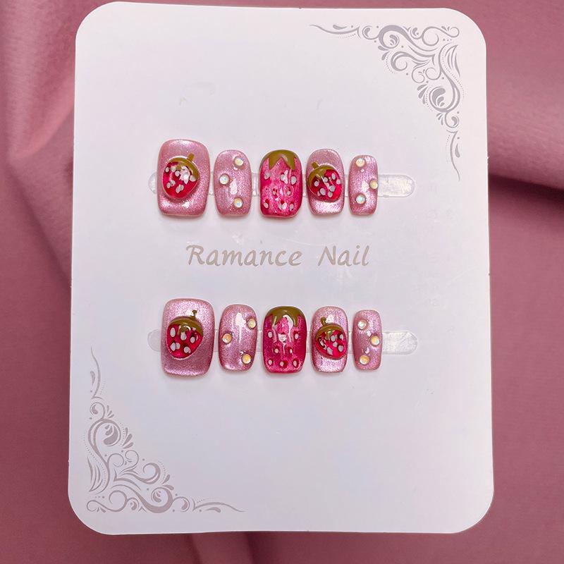 3D Strawberry Cat Eye Short Nails [Strawberry Smoothie] - Handmade Wearable Nail Pieces for Manicure Medium