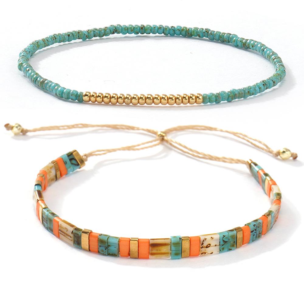 Bohemian Stacked Tila Bracelet Men's and Women's Retro Blue-Green Beaded Gold Chain Bracelet