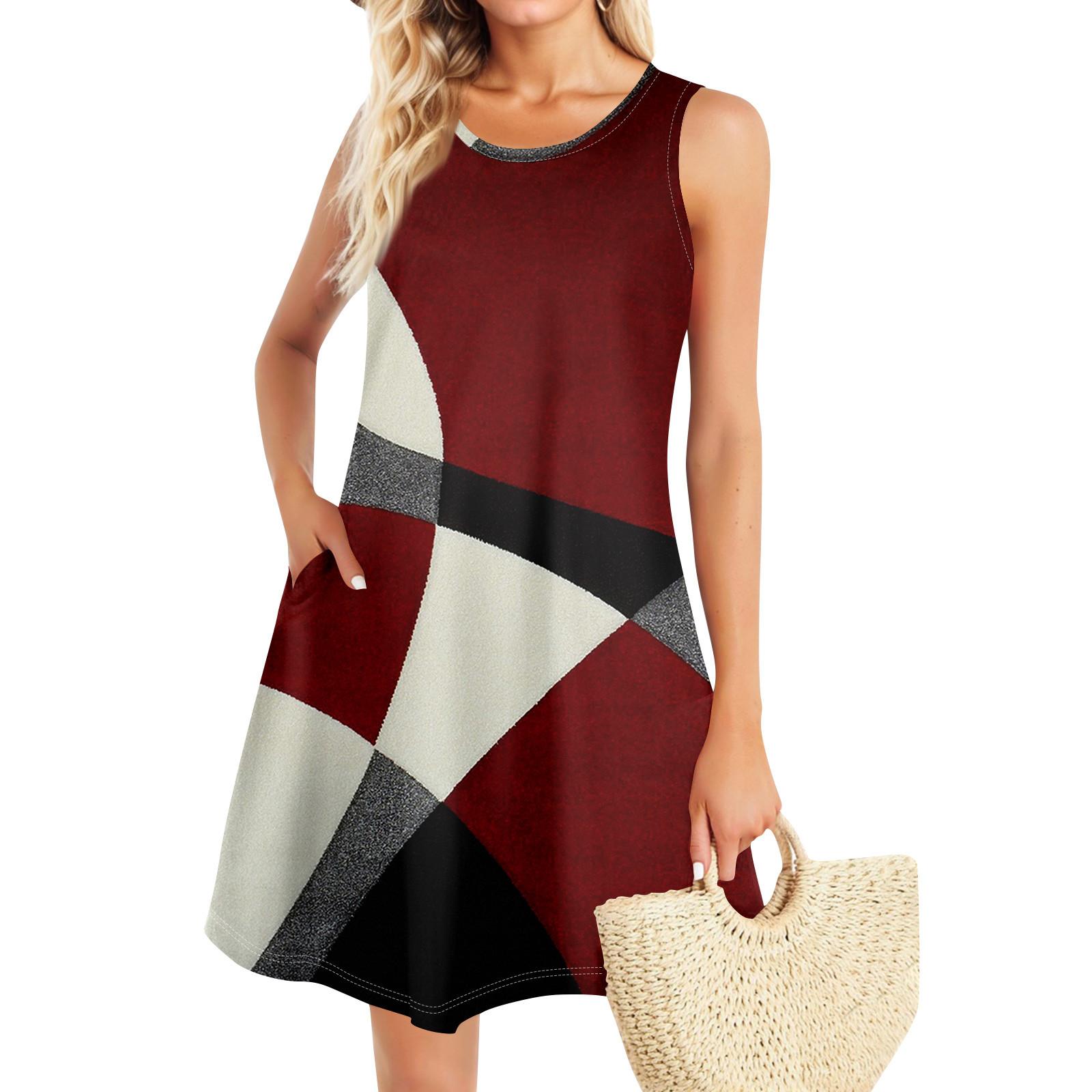 

Летние платья для женщин Пляжный Бохо без рукавов Винтажный принт Футболка с карманами Сарафаны-майки XL винный