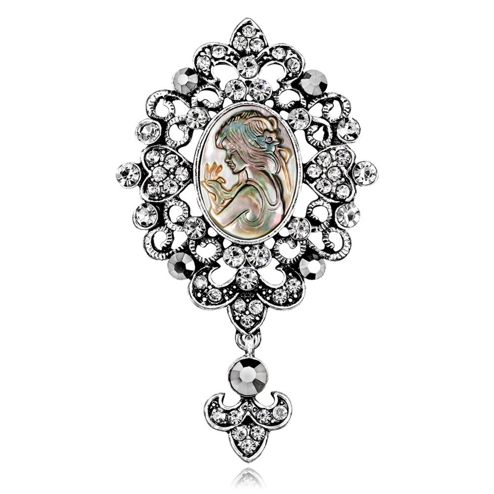 Women Alloy Brooch Fashionable Retro Breastpin Shell Beauty Head Crystal Inlaid Dress Accessories for Ladies