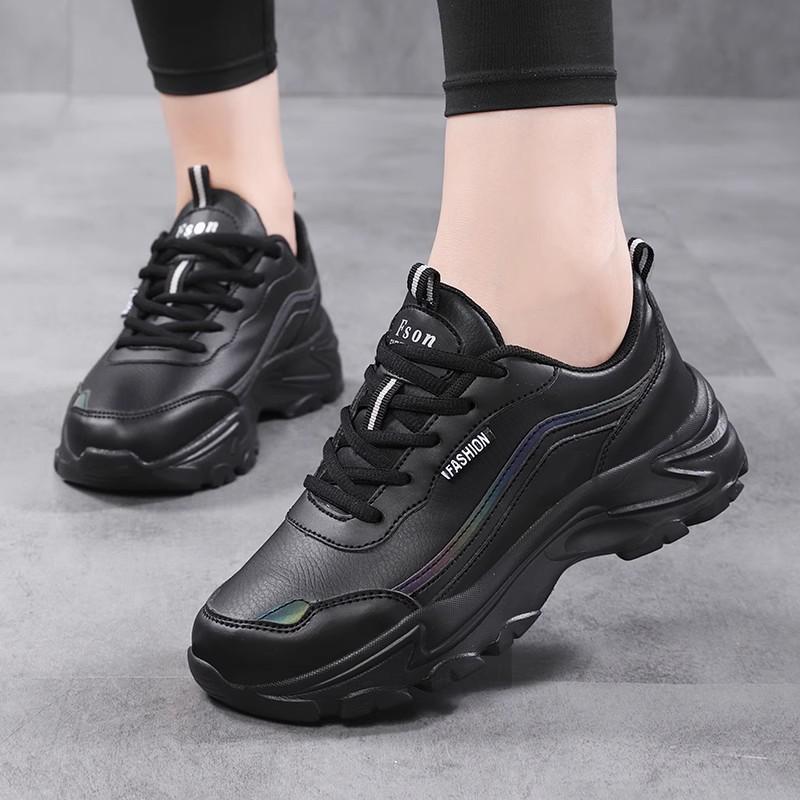 2025 Large Size New Casual Shoes, Black Leather Comfortable Sneakers, Waterproof and Heightened Thick-soled Non-slip Women's Shoes